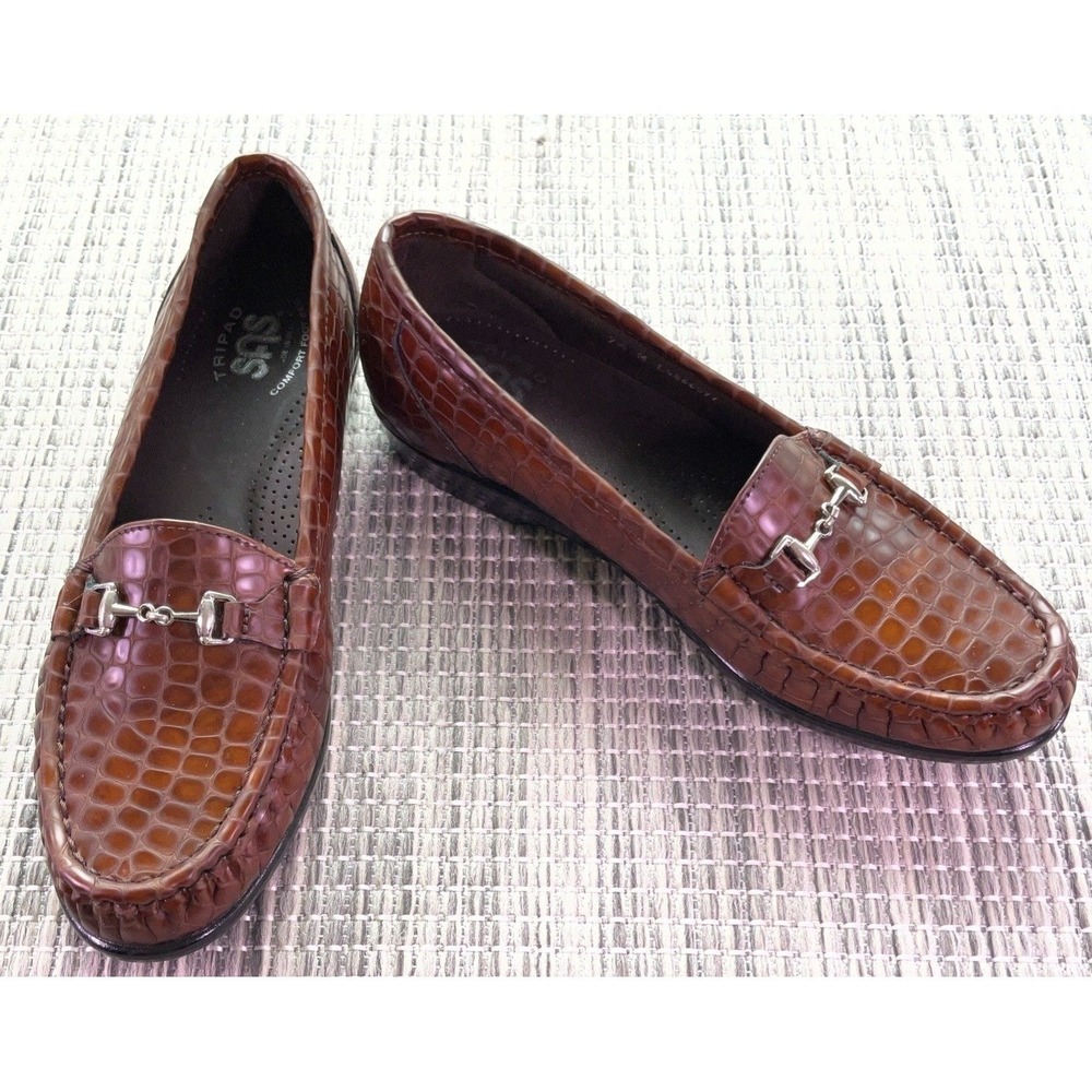 SAS Womens 7.5 Brown Croc Embossed Leather Horsebit Loafers Tripad Comfort USA
